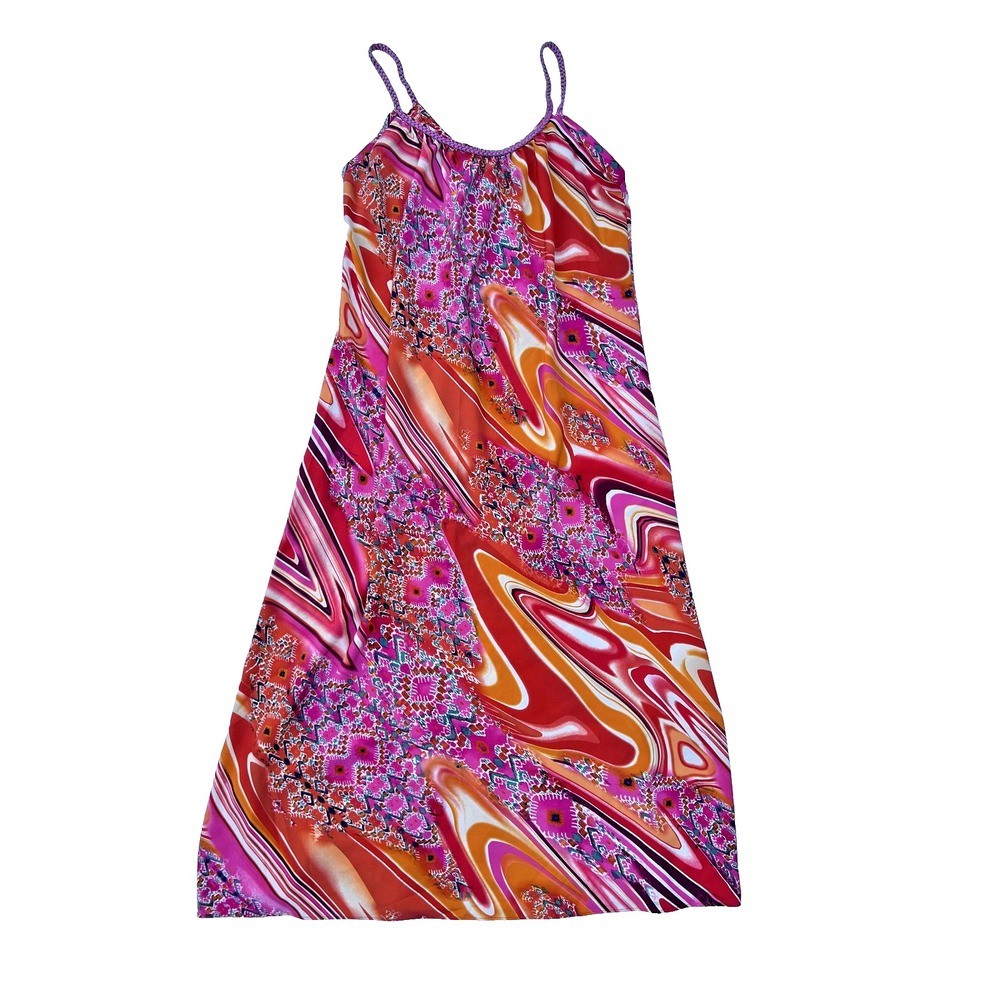 Natori Dress Womens S Pink Orange Swirl Floral Sleeveless Boho 36" Length Hippe